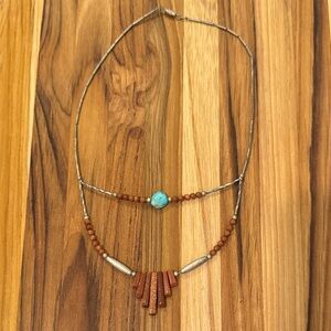 Sparkling Red GoldStone & Silver Necklace with Turquoise Accent